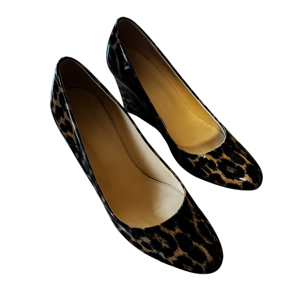 J Crew Size 7 Black/Tan Patent Leather Leopard Print Wedge Shoes Heels